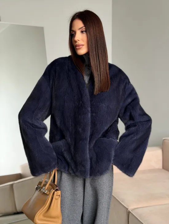 Короткий норковый жакет - синий графит - фото 11