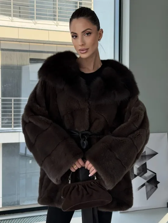 Норковая шуба кимоно с капюшоном куница - фото 0