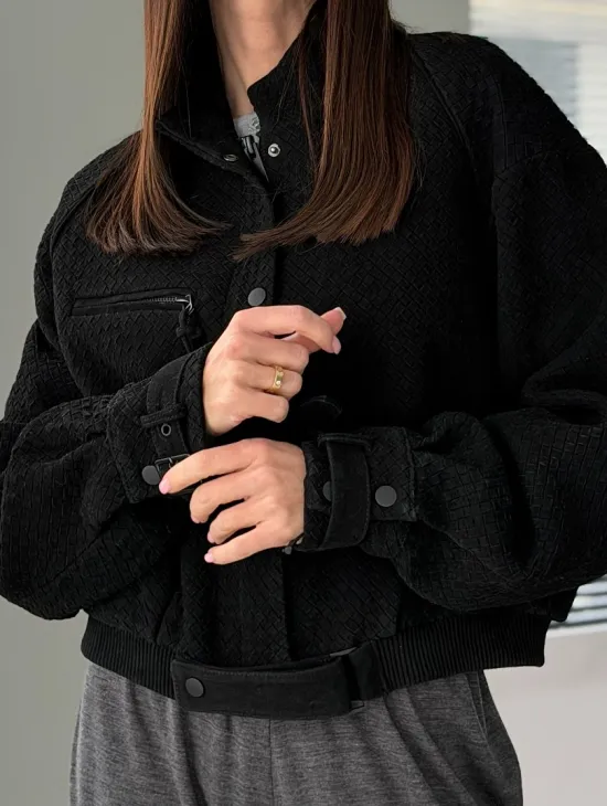 Черный замшевый кроп - бомбер - фото 2