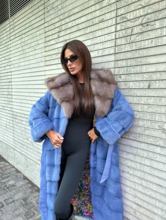Шуба норковая с капюшоном из меха куницы - цвет голубой сапфир - фото 2
