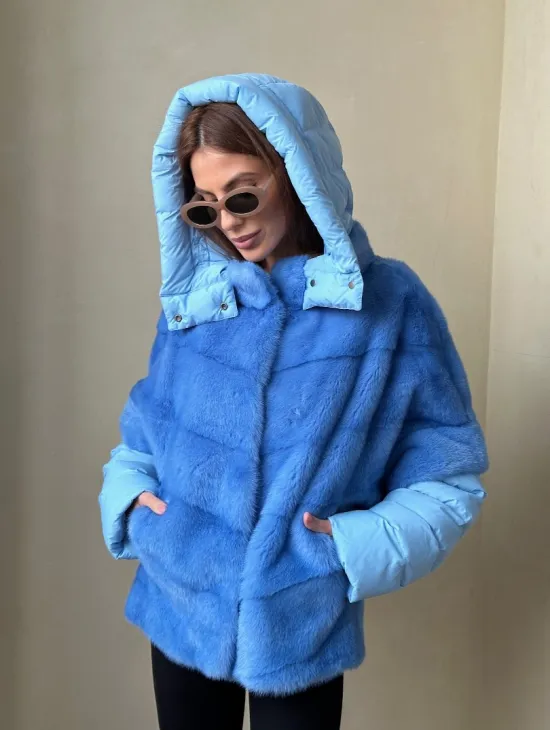 Норковый пуховик/жилет 2в1 - цвет голубой - фото 5