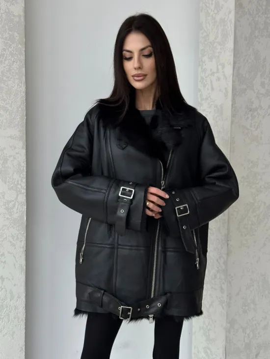 Черная дубленка - авиатор на тоскане - фото 4