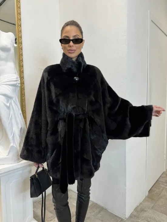 Шуба летучая мышь мех NAFA , стойка воротник - цвет черный бриллиант - фото 5