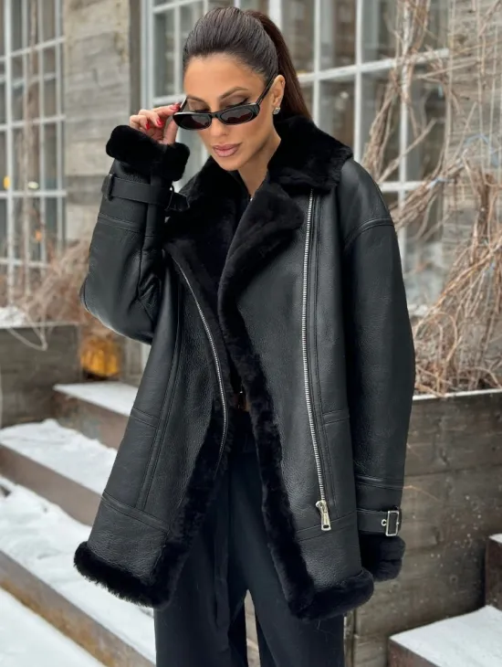 Черная дубленка авитор на овчине - фото 0