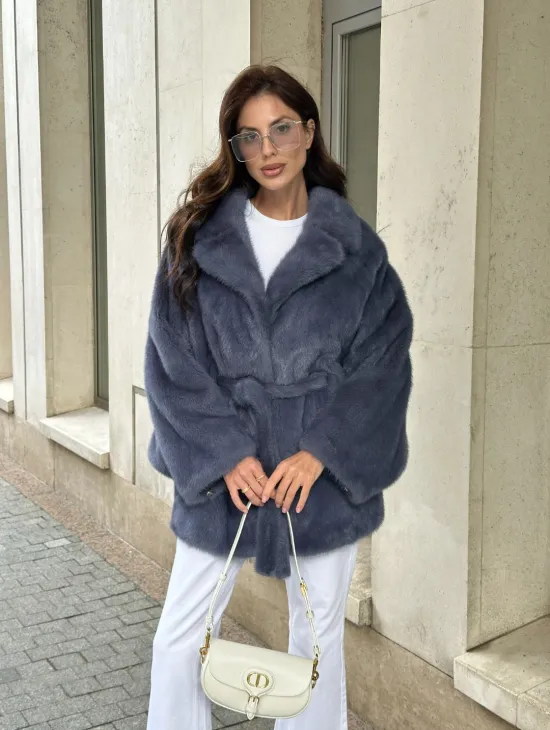 Шуба норковая летучая мышь - цвет джинс - фото 7