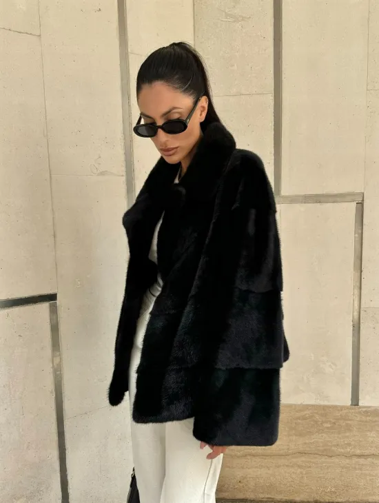 Полушубок из черной норки премиум аукциона - английский воротник - фото 7